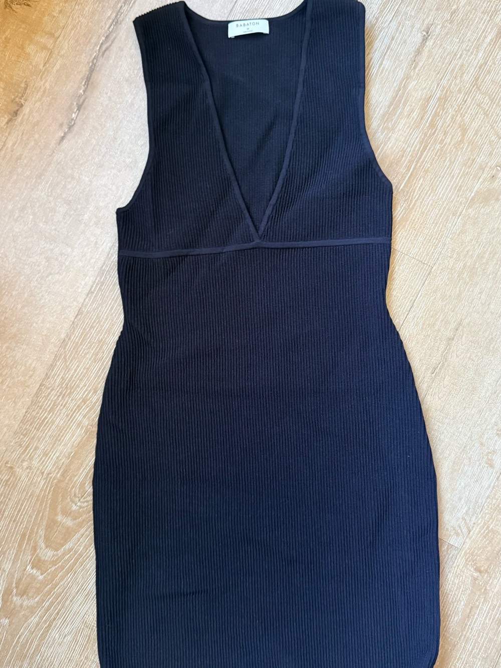 Babaton Black Ribbed V-Neck Mini Dress